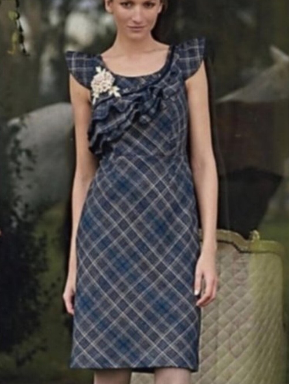 Anthropologie × Floreat Plaid Wool Blend Sheath Dress Ruffle Trim Coquette Y2k 0